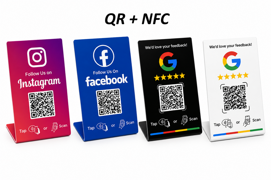 Tarjeta de Pie QR + NFC para Reseñas y Redes Sociales